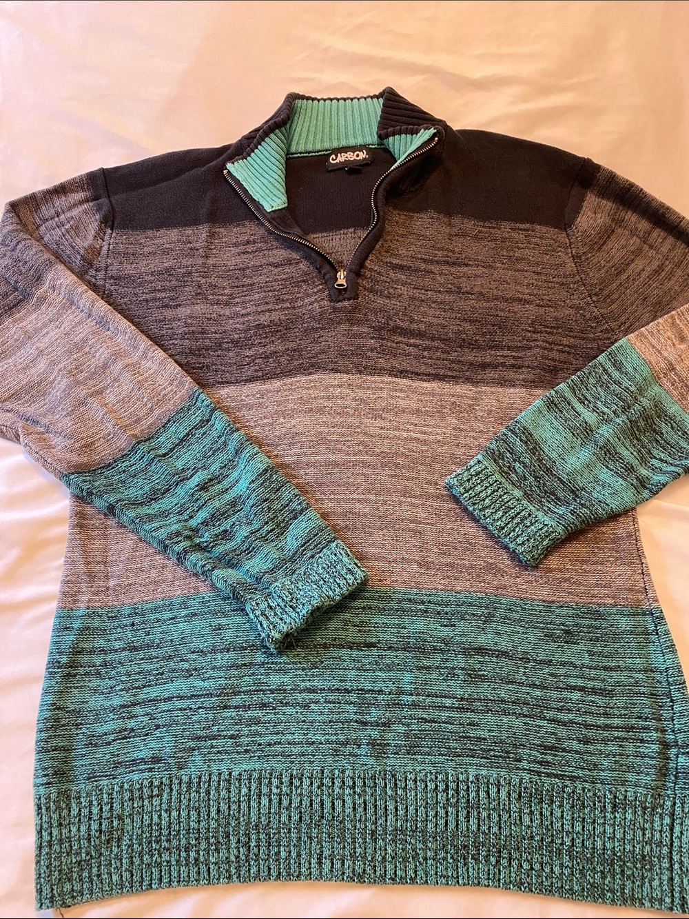 Vintage Y2K Carbon Men's Zip-Up Sweater in Teal and Gray Colorblock
